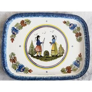 Vintage Henriot Quimper Tray Metal Courting Couple 12 x 9.5" Tin Blue Serving